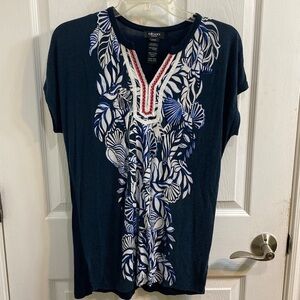 Olsen Europe Floral Blue White Red Vacay Resort Wear Top Size Medium 8 Flowy